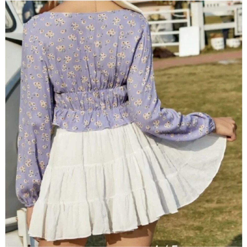 SHEIN Sweet Lilac Daisy Print Long Sleeve Deep V Cropped Waist Tie Blouse - Picture 5 of 12